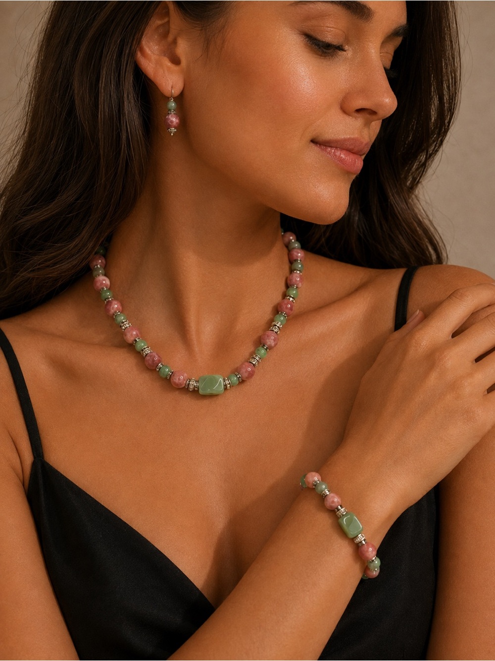 Designer Gemstone Jewelry Set Rhodonite Aventurine Amazonite Necklace Bracelet
